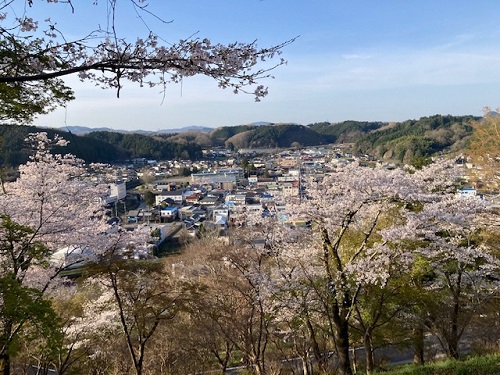 城山から臨む街並みと青い山脈