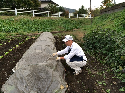 エプロンをかけて畑仕事